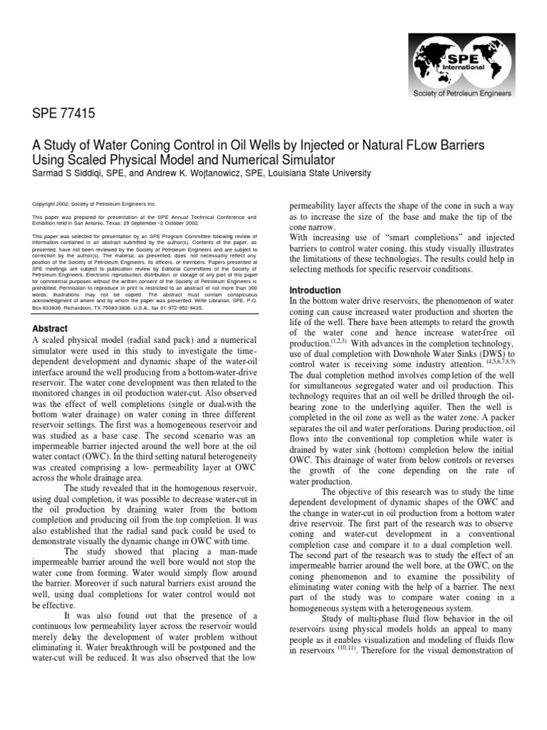 A Study of Water Coning Control in Oil Wells by Flow Barriers | PDF ...
