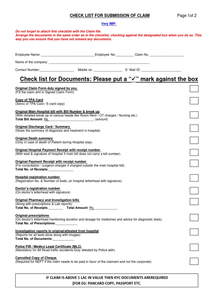 Claim Document Submission Checklist | PDF | Hospital | Medical Prescription