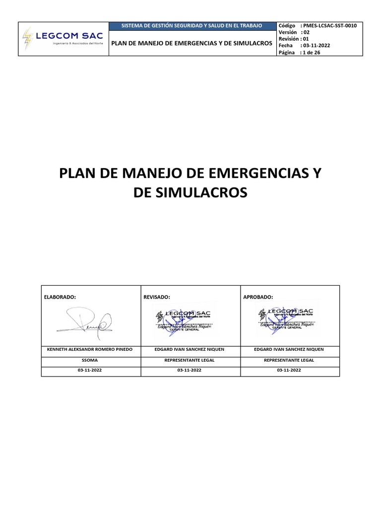 Plan de Manejo de Emergencias y Simulacros | PDF | Primeros auxilios