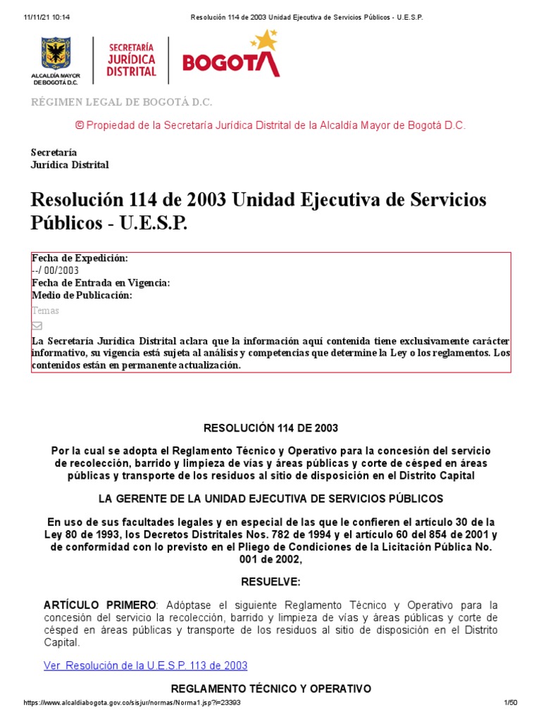 Resolución 114 de 2003 Unidad Ejecutiva de Servicios Públicos - U.E.S.P ...