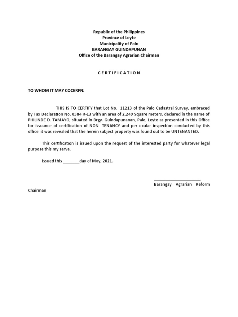 Certification of Non-Tenancy in Leyte | PDF