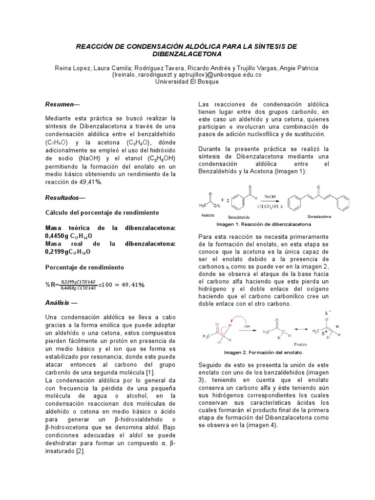 Reacción de Condensación Aldólica para La Síntesis de Dibenzalacetona