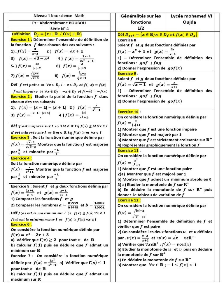 Serie 4 Fonction 1 Bac SC Math | PDF | Fonction monotone | Fonction ...