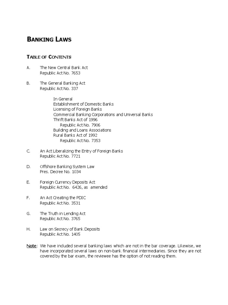 Overview of Philippine Banking Laws | PDF | Mortgage Law | Conservatorship