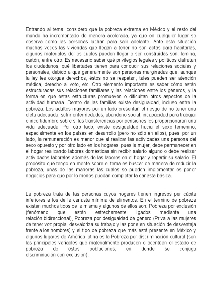 Ensayo Sobre La Pobreza Extrema | PDF | Pobreza | Pobreza e indigencia