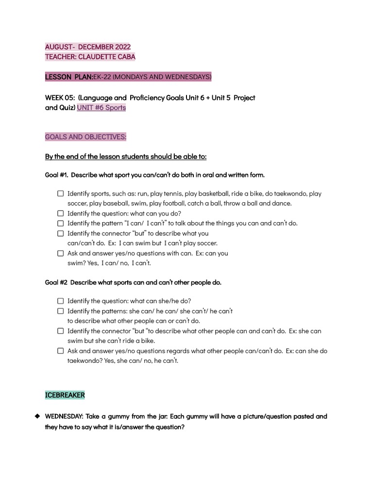 Sports Vocabulary Lesson Plan for Kids | PDF | Communication | Applied ...