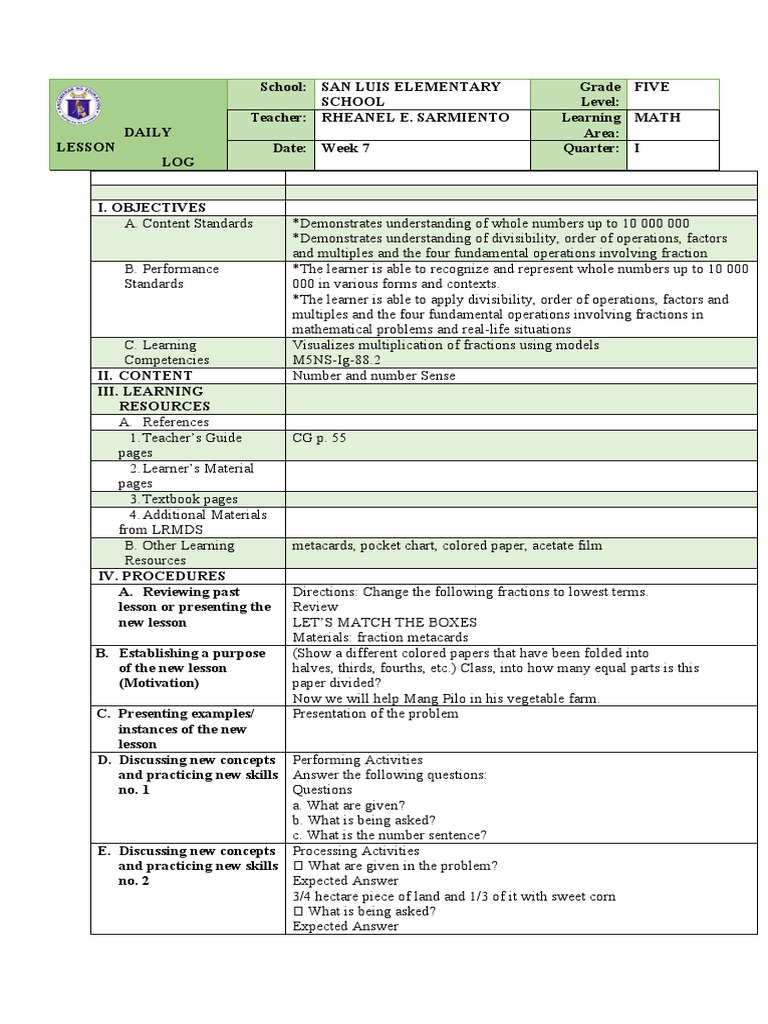 Fraction Multiplication Lesson Plan | PDF | Learning | Teachers