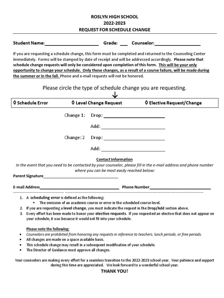 Request For Schedule Change 20222023 PDF School Counselor