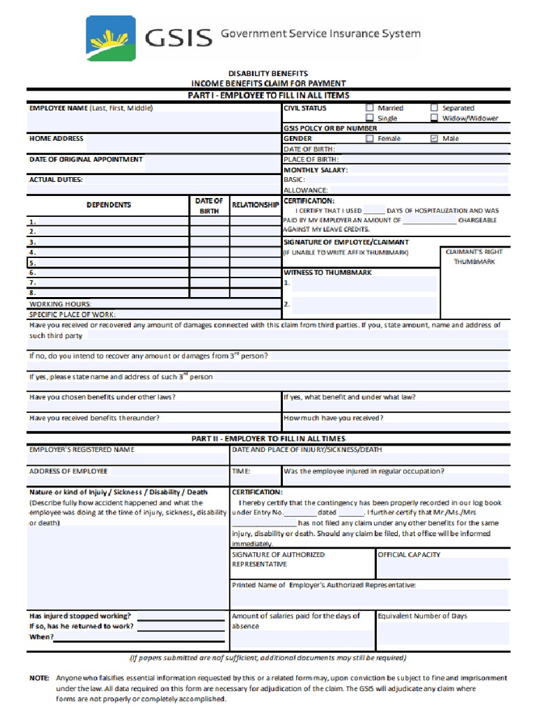 GSIS Income Benefits Claim Form | PDF