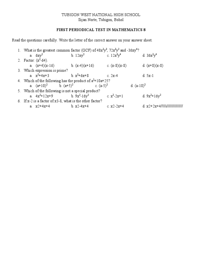 Periodical Test in Math 8-q1 | PDF | Teaching Methods & Materials ...