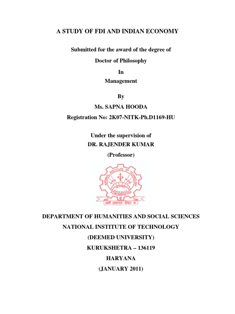 Sapna Hooda Thesis A Study of FDI and Indian Economy PDF Foreign