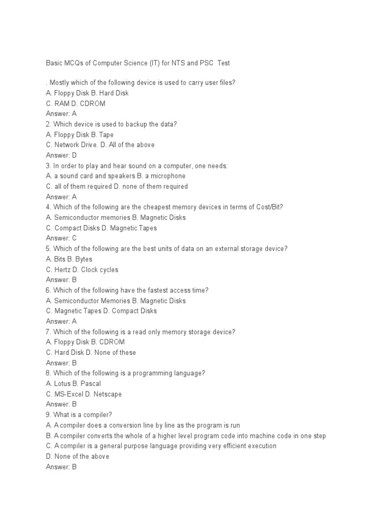 Basic MCQs of Computer Science | PDF | Computer Data Storage | Hard ...