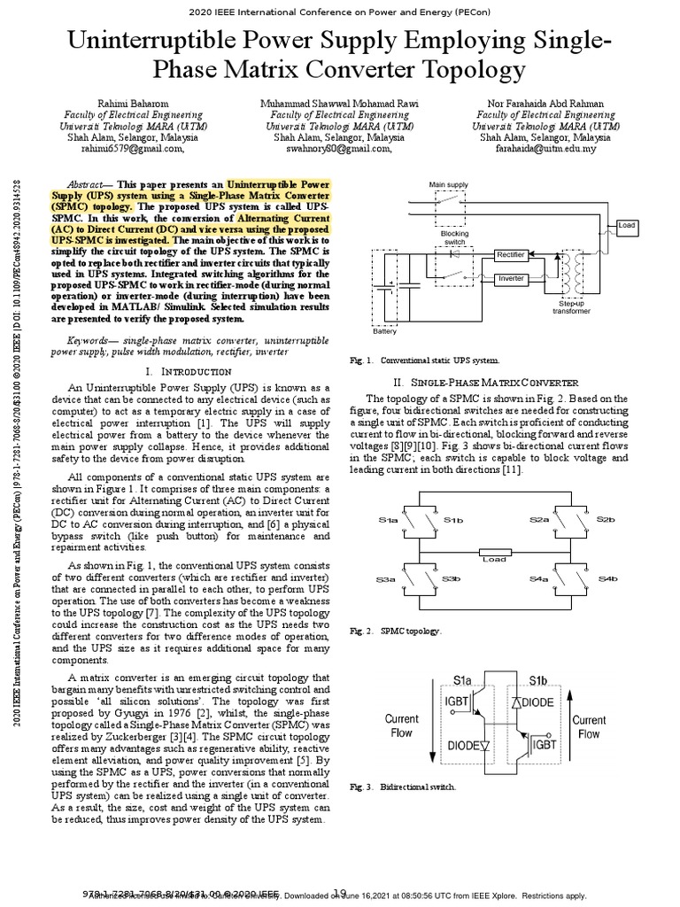 Uninterruptible Power Supply Employing SinglePhase Matrix Converter Topology PDF Power