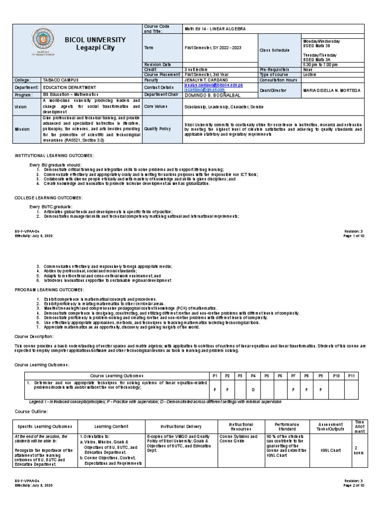 Linear Algebra Course Syllabus | PDF