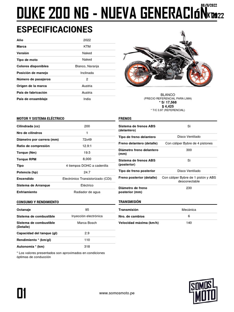 KTM Duke 200 NG 2022: Ficha Técnica | PDF