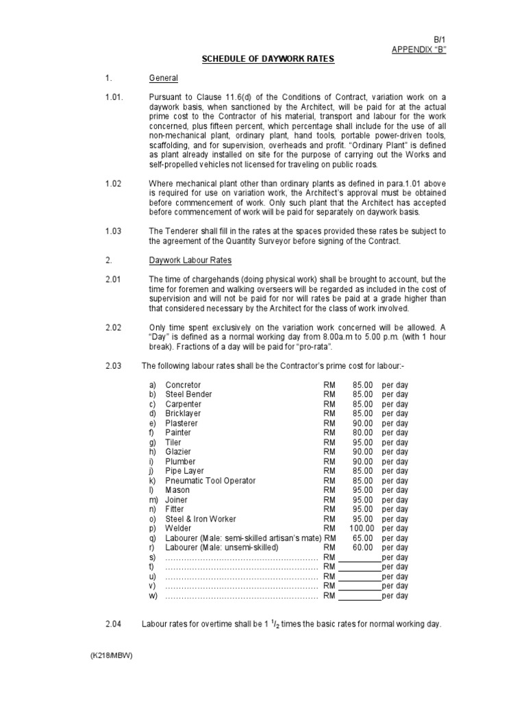 Daywork Rates for Construction Labor | PDF | Architect | Truck