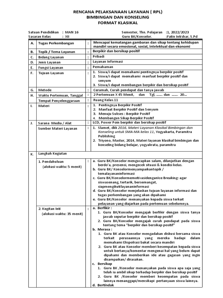 Rencana Layanan Bimbingan Positif | PDF | Karier & Perkembangan ...