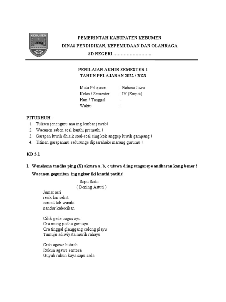 Dowload soal pas bahasa jawa kelas 3
