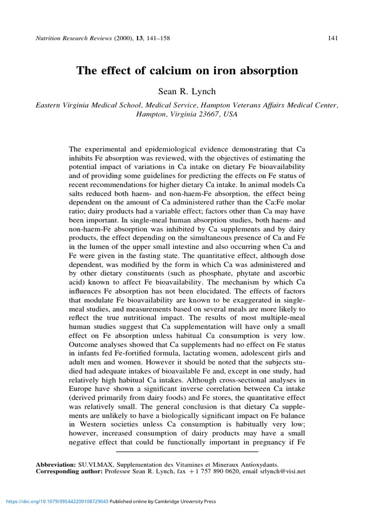 The Effect of Calcium On Iron Absorption PDF Calcium Iron