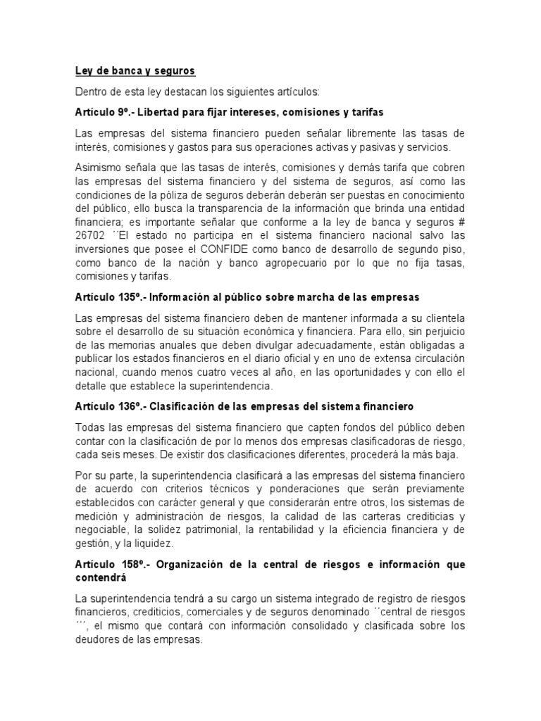 Ley de Banca y Seguros: Artículos Clave | PDF | Seguro | Bancos
