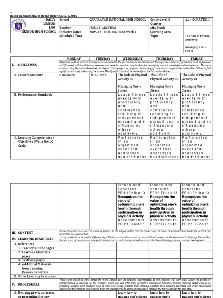 Grade 11 PE Lesson Plan: Week 1 | PDF | Learning | Teachers