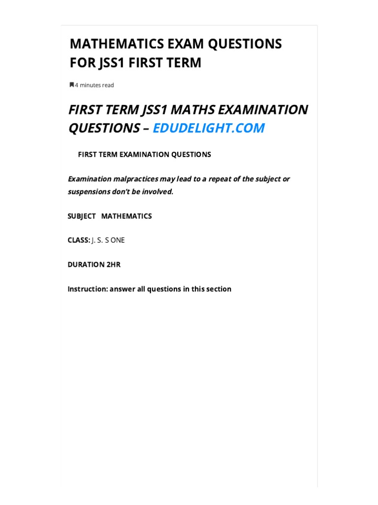 Mathematics Exam Questions For JSS1 First Term PDF Test (Assessment