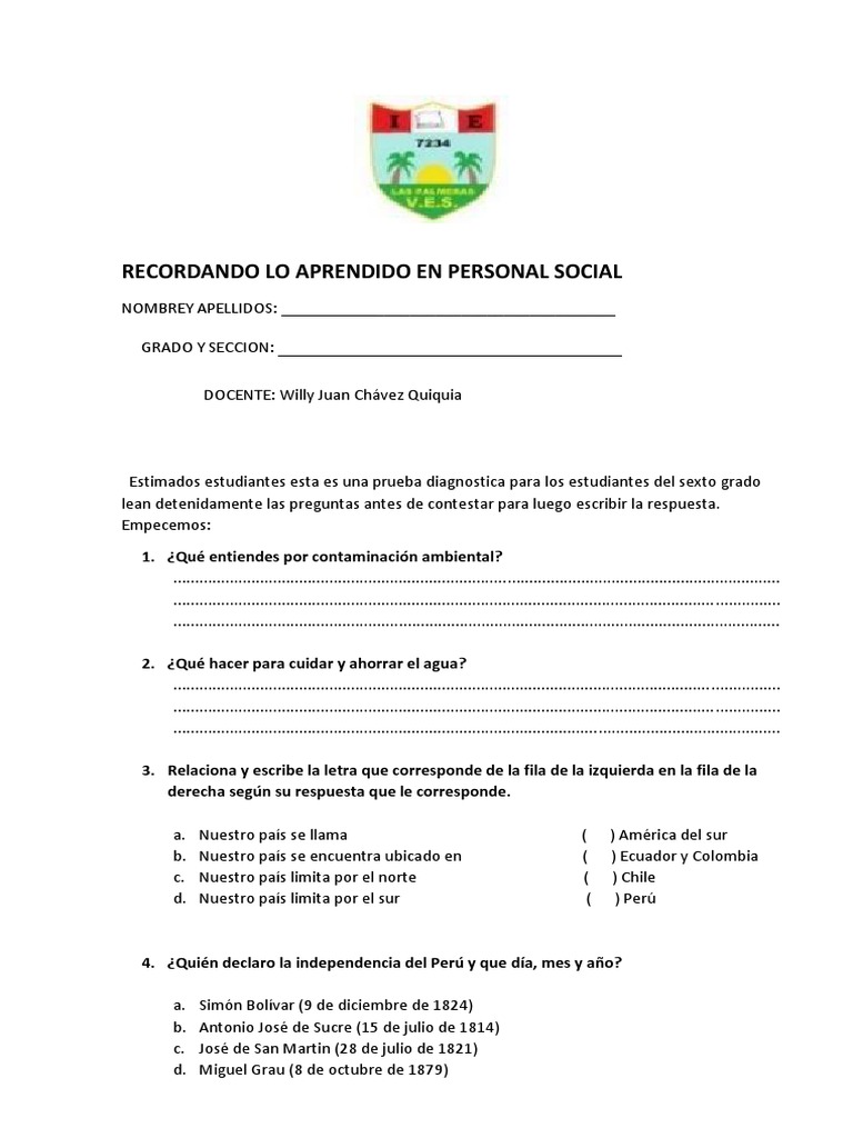 Prueba de Entrada Personal Social 2021 6to Grado de Primaria | PDF