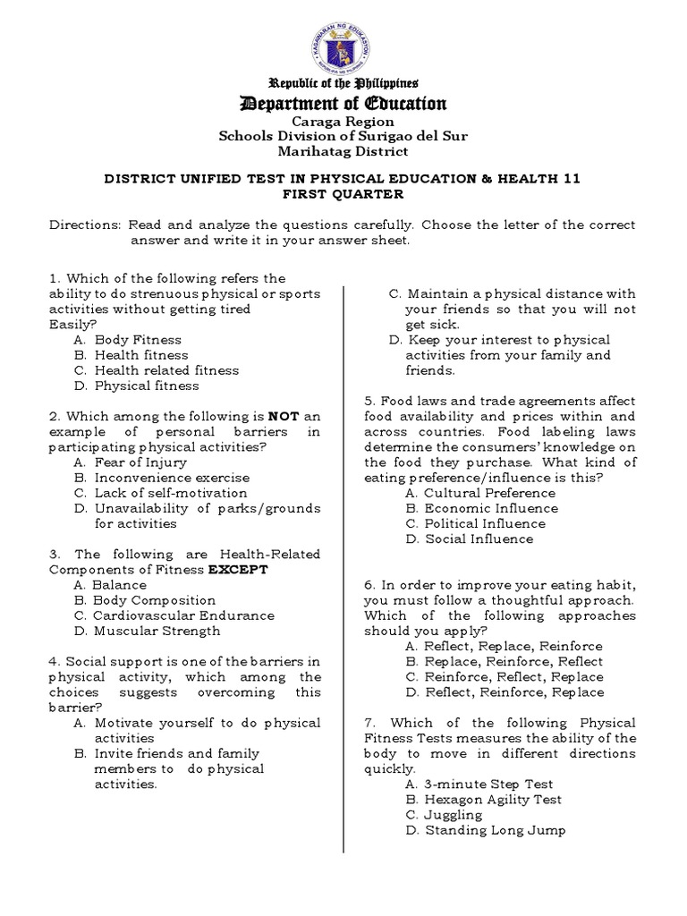 Grade 11 PE & Health 1st Quarter Exam | PDF | Physical Fitness | Pulse
