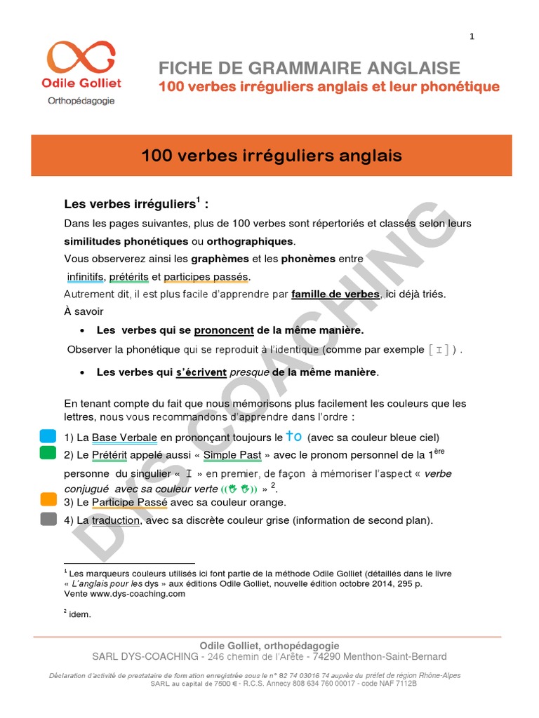 100 verbes irréguliers anglais et phonétique | PDF | Verbe | Unités ...