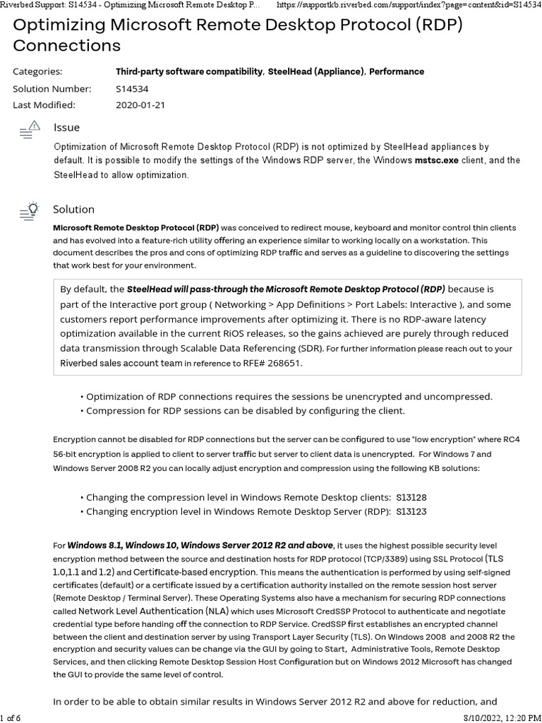 Riverbed Support S14534 - Optimizing Microsoft Remote Desktop Protocol ...
