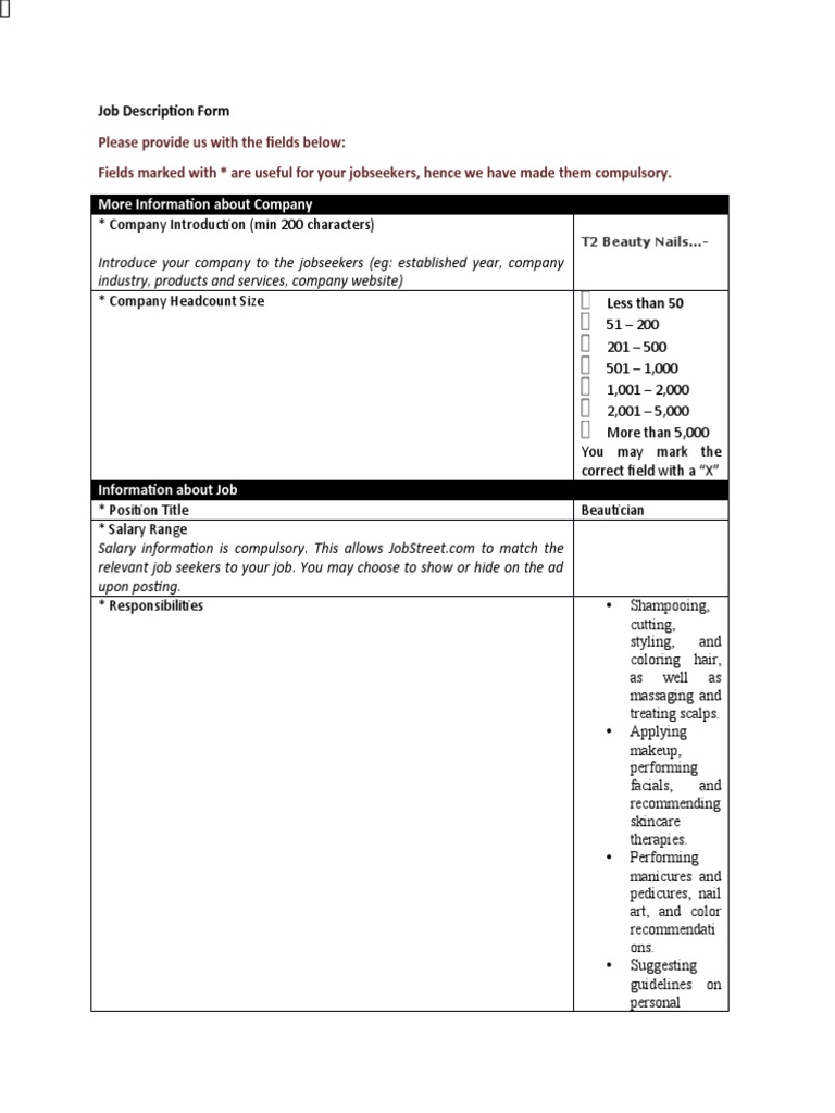Job Description Form T2 Beauty Nails... PDF Beauty