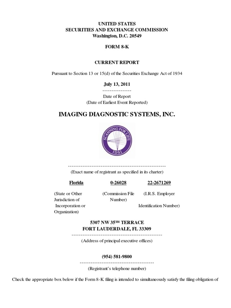 Imaging Diagnostic Systems, Inc. United States Securities and Exchange