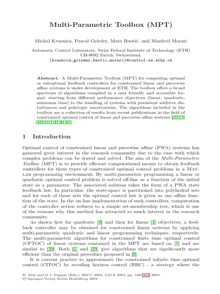 Kvasnica Et Al 2004 MultiParametric Toolbox (MPT) PDF
