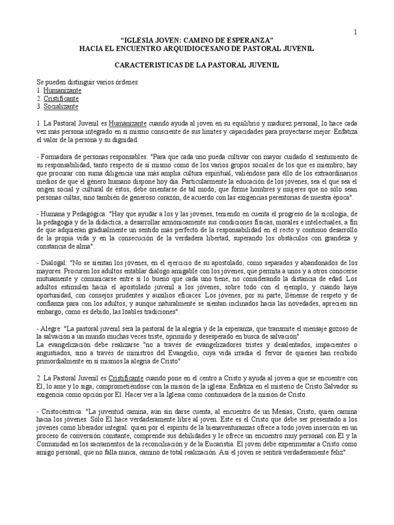 Características de la Pastoral Juvenil | PDF | Iglesia Católica | Misionero