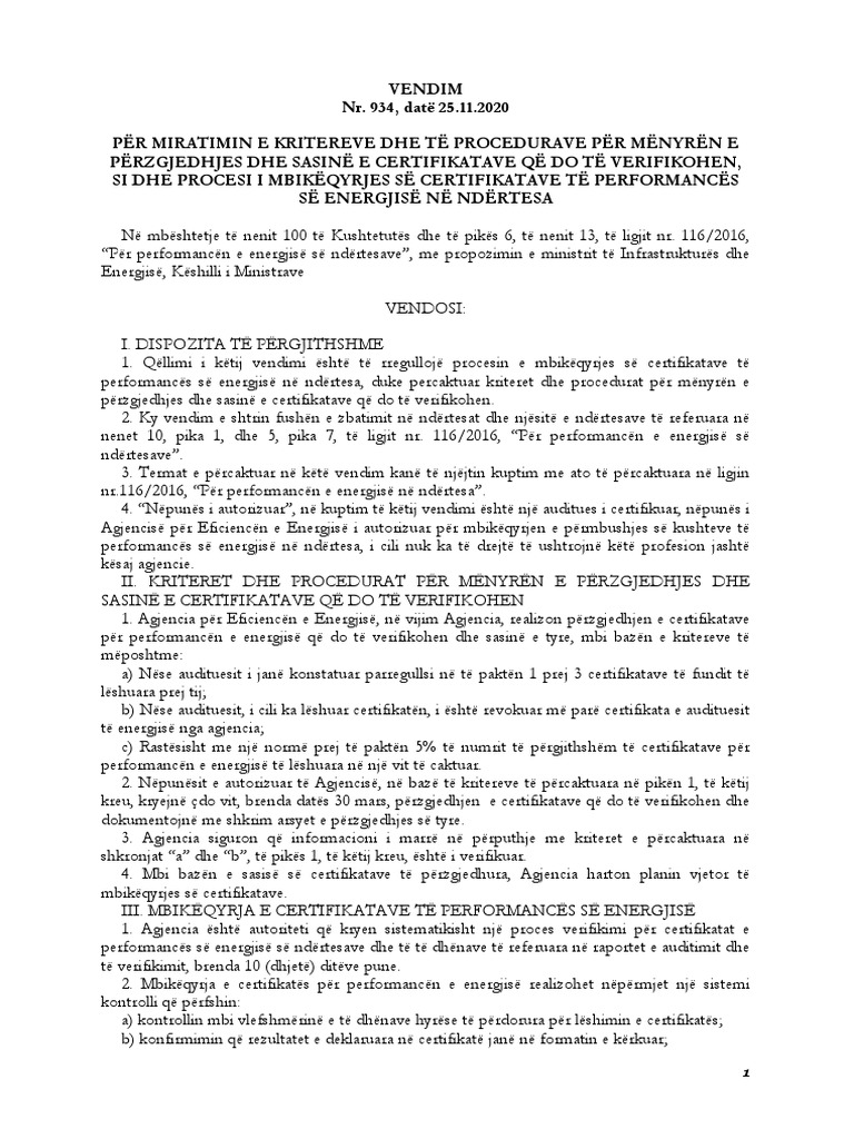 Vendim Nr. 934, Datë 25.11.2020 | PDF