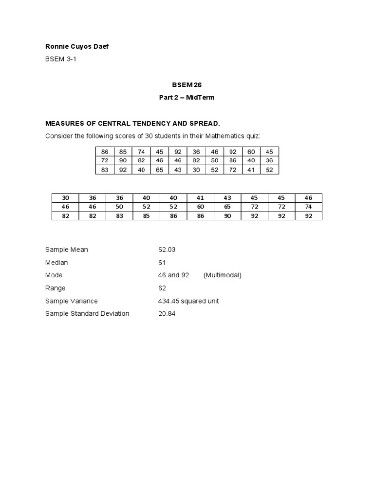 Analysis of Measures of Central Tendency and Spread for Mathematics Quiz Scores of 30 Students PDF