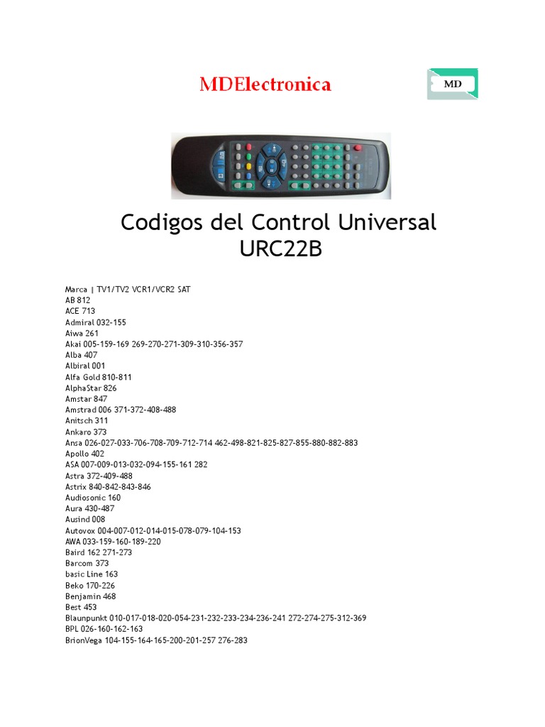 Control Universal URC22B PDF