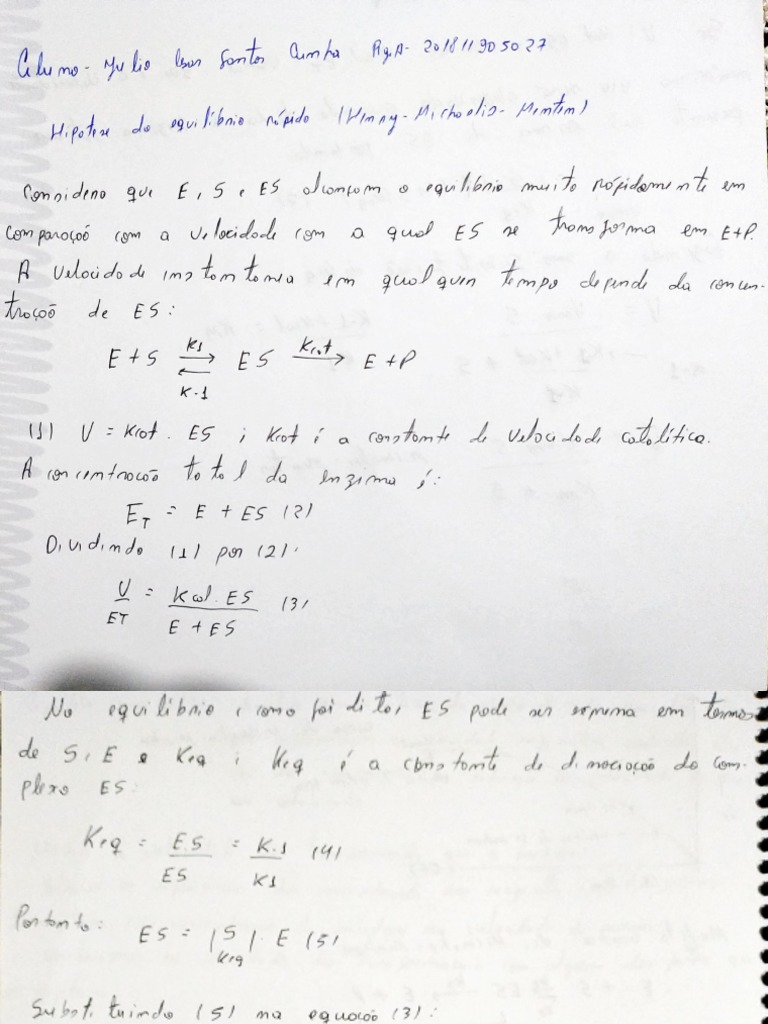 Tarefa - Dedução Michaelis Menten | PDF
