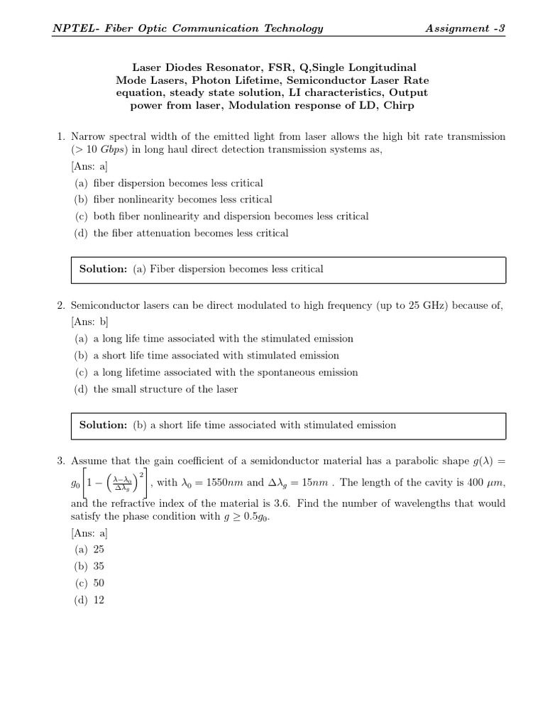 NPTEL Fiber Optic Communication Assignment 3 | PDF | Laser | Dispersion ...