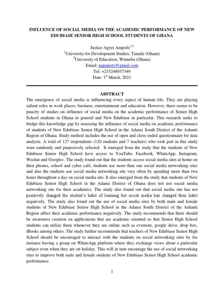 Influence of Social Media On The Academic Performance of New Edubiase ...