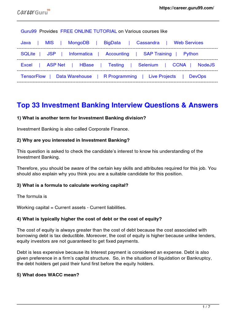 Top 33 Investment Banking Interview Questions Answers PDF Equity