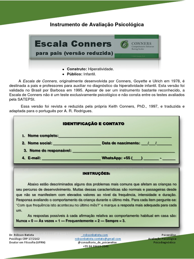 CRS-R - Escala de Conners Reduzida (Pais) @consultorio - Qual o Ponto ...