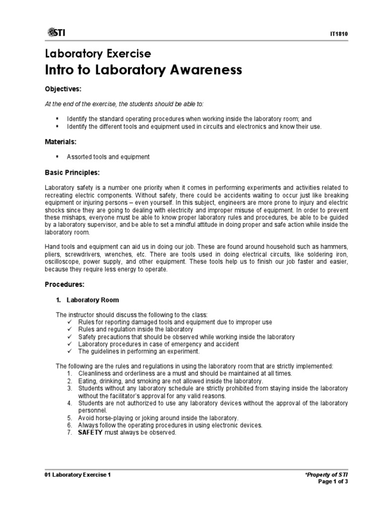 01 Laboratory Exercise 1 PDF Laboratories Safety