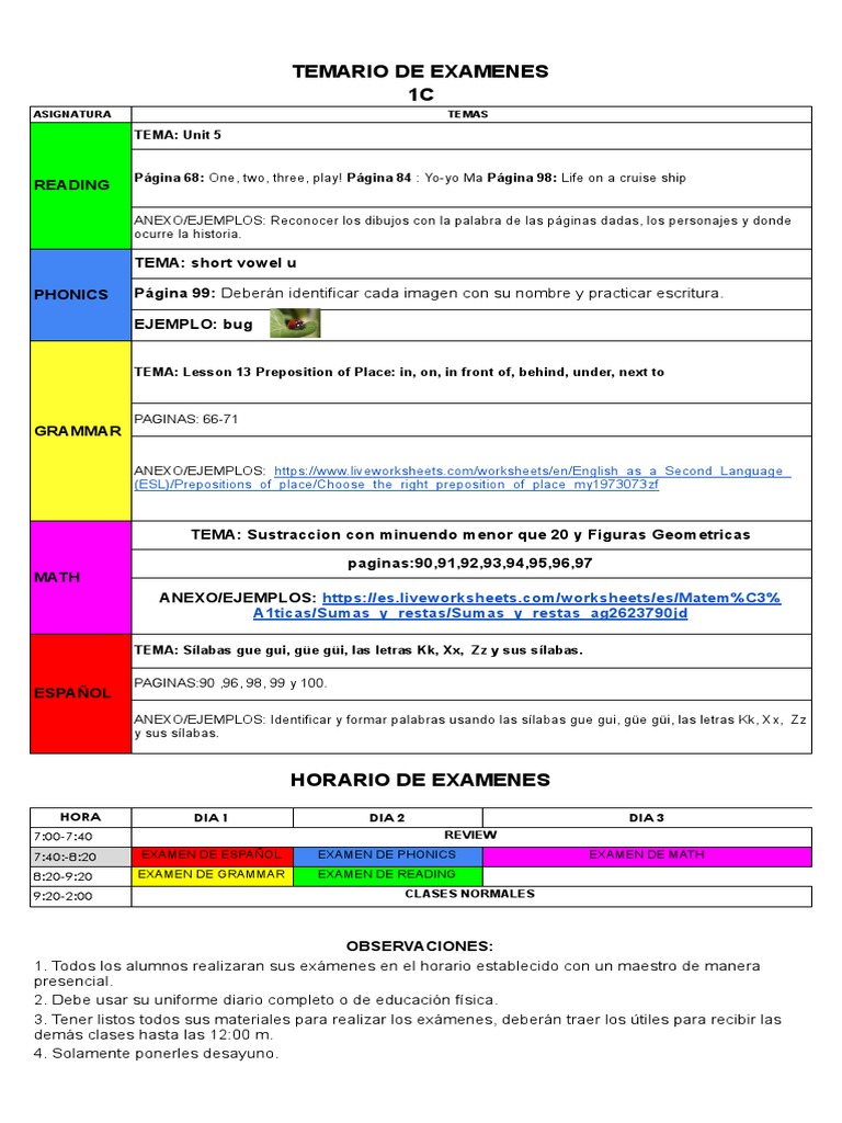 Temario y Horario de Exámenes 1C | PDF | Artes del Lenguaje y Comunicación