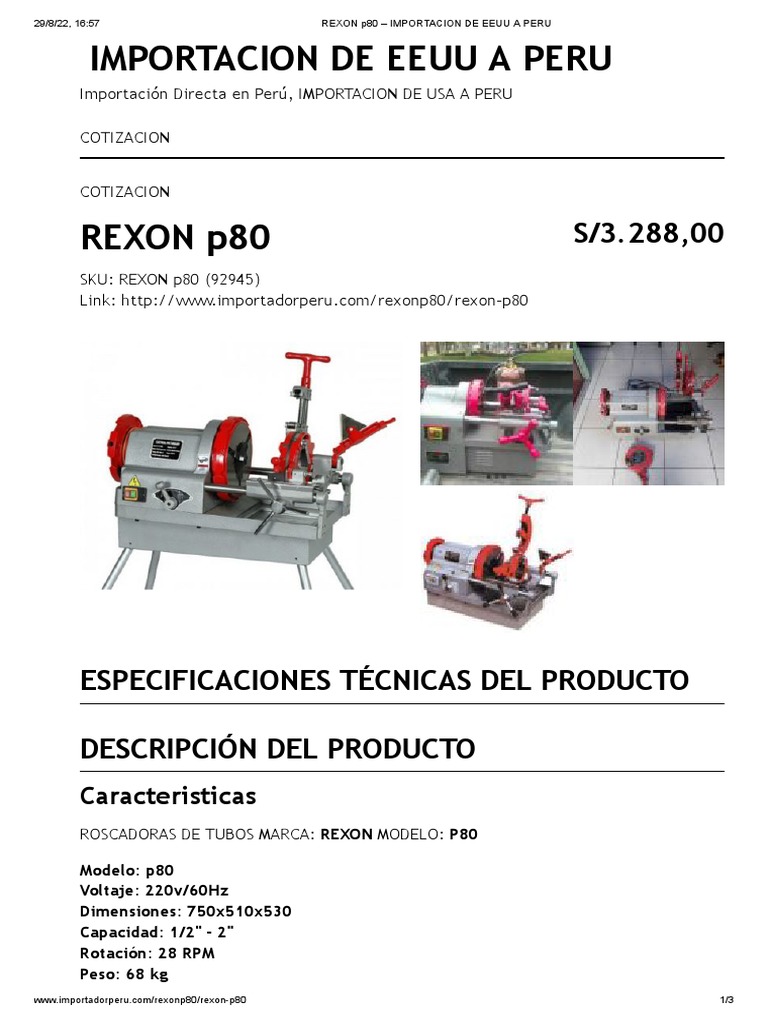 Roscadora Eléctrica REXON P80 en Perú | PDF
