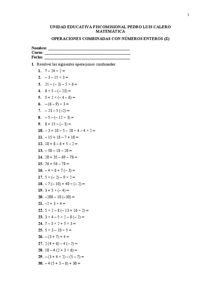 Operaciones Combinadas Con Números Enteros Pdf