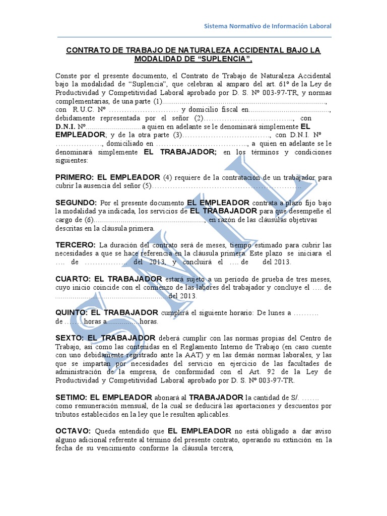 Contrato de Trabajo Accidental Suplencia | PDF | Derecho laboral ...