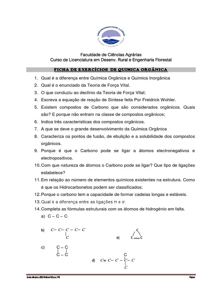 Exercícios de Química Orgânica sobre Estrutura, Nomenclatura e ...
