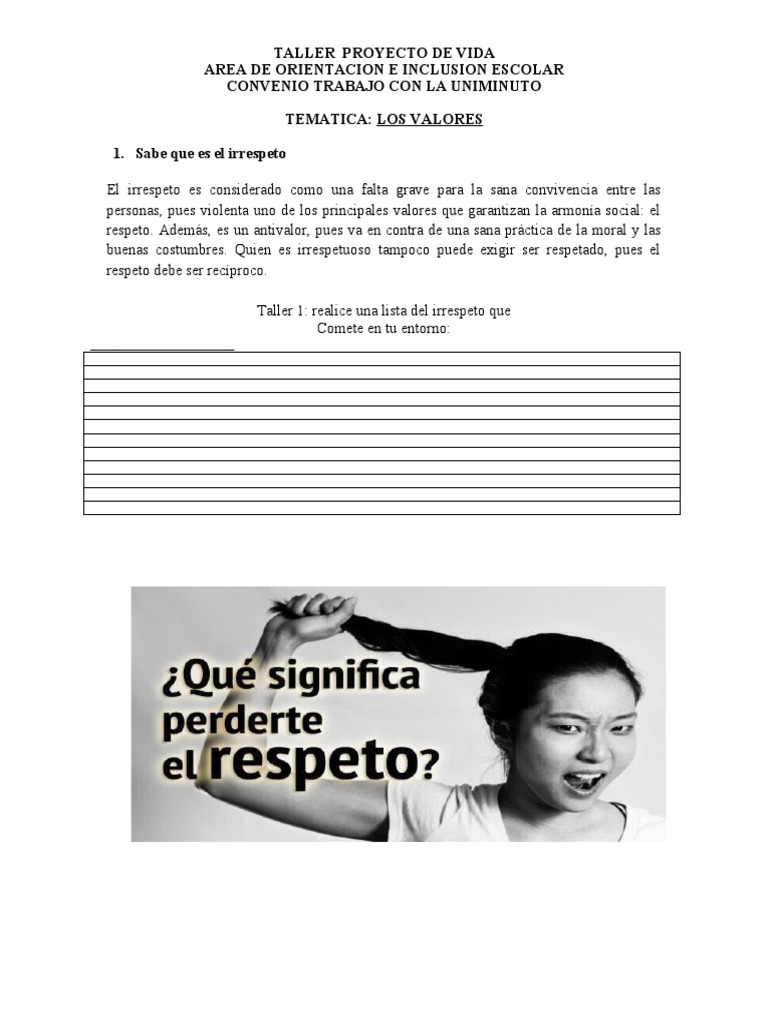 TALLER PROYECTO DE VIDA 8 y 9 - Los Valores | PDF