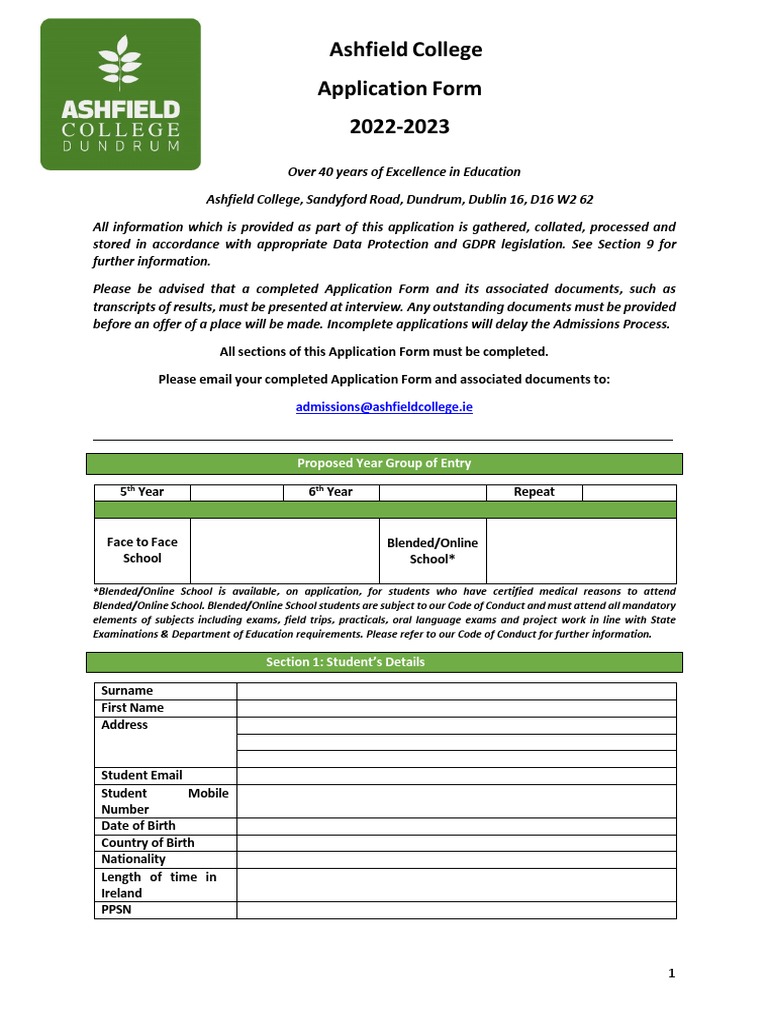 Ashfield College Application Form 2022 23 PDF Payments Debit Card